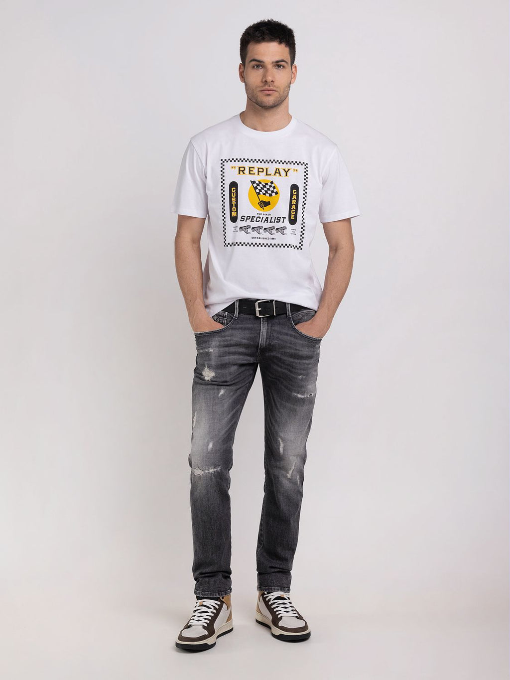 REPLAY CREWNECK T-SHIRT WITH BIKER PRINT