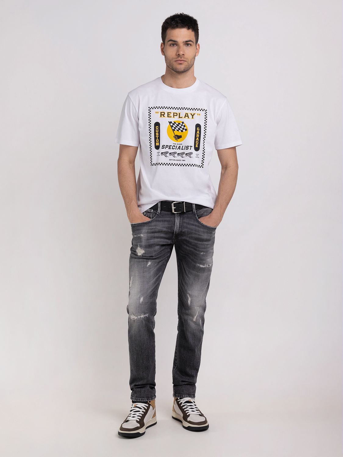 REPLAY CREWNECK T-SHIRT WITH BIKER PRINT