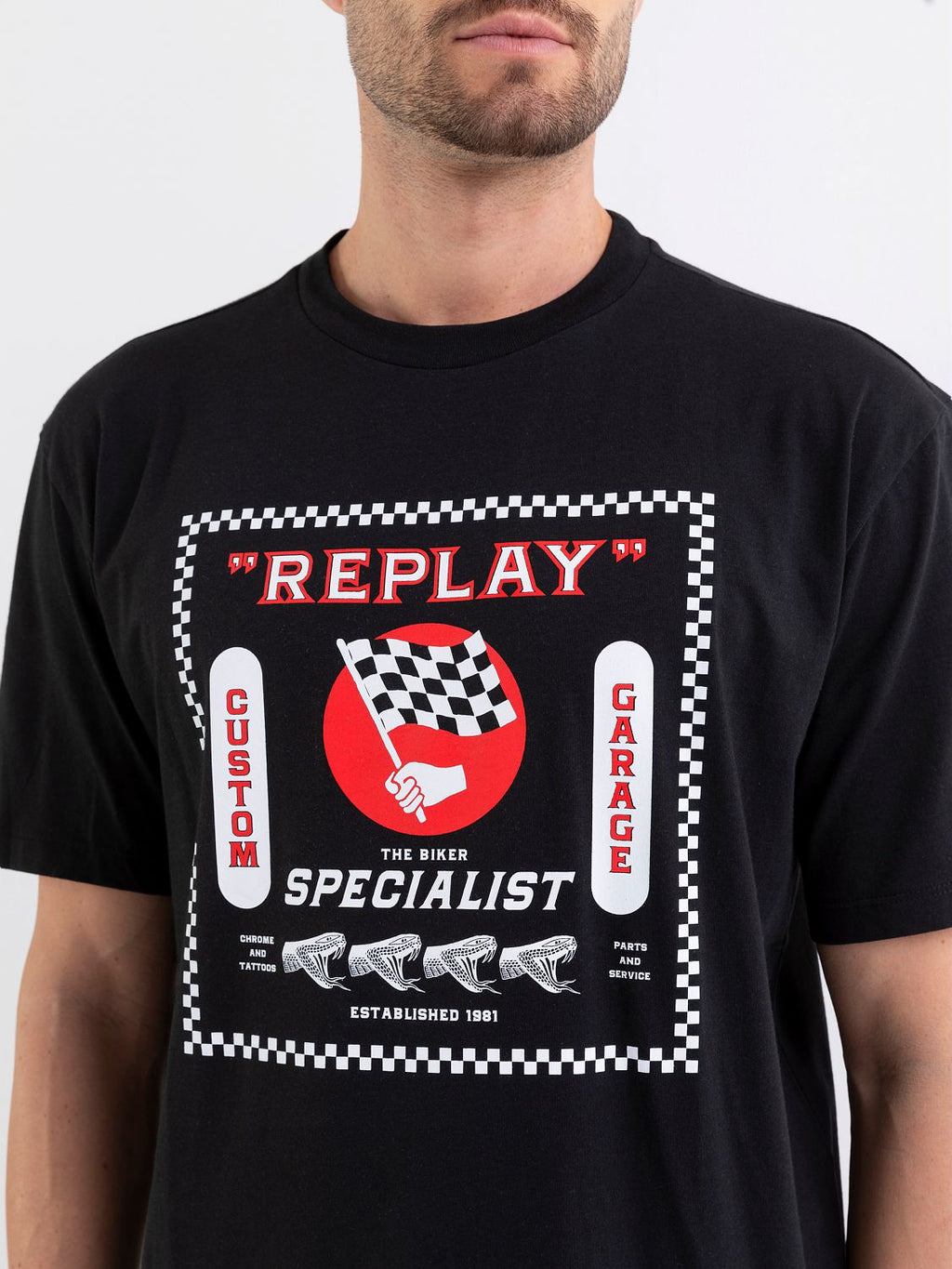 REPLAY CREWNECK T-SHIRT WITH BIKER PRINT